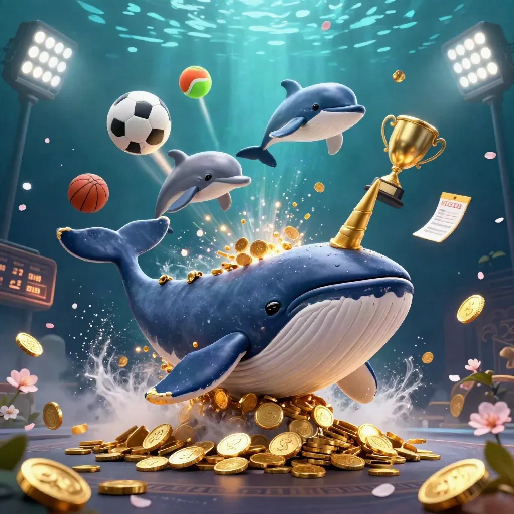 Captain whale, narwhal and dolphins burst through coins with flying balls and gold lights.