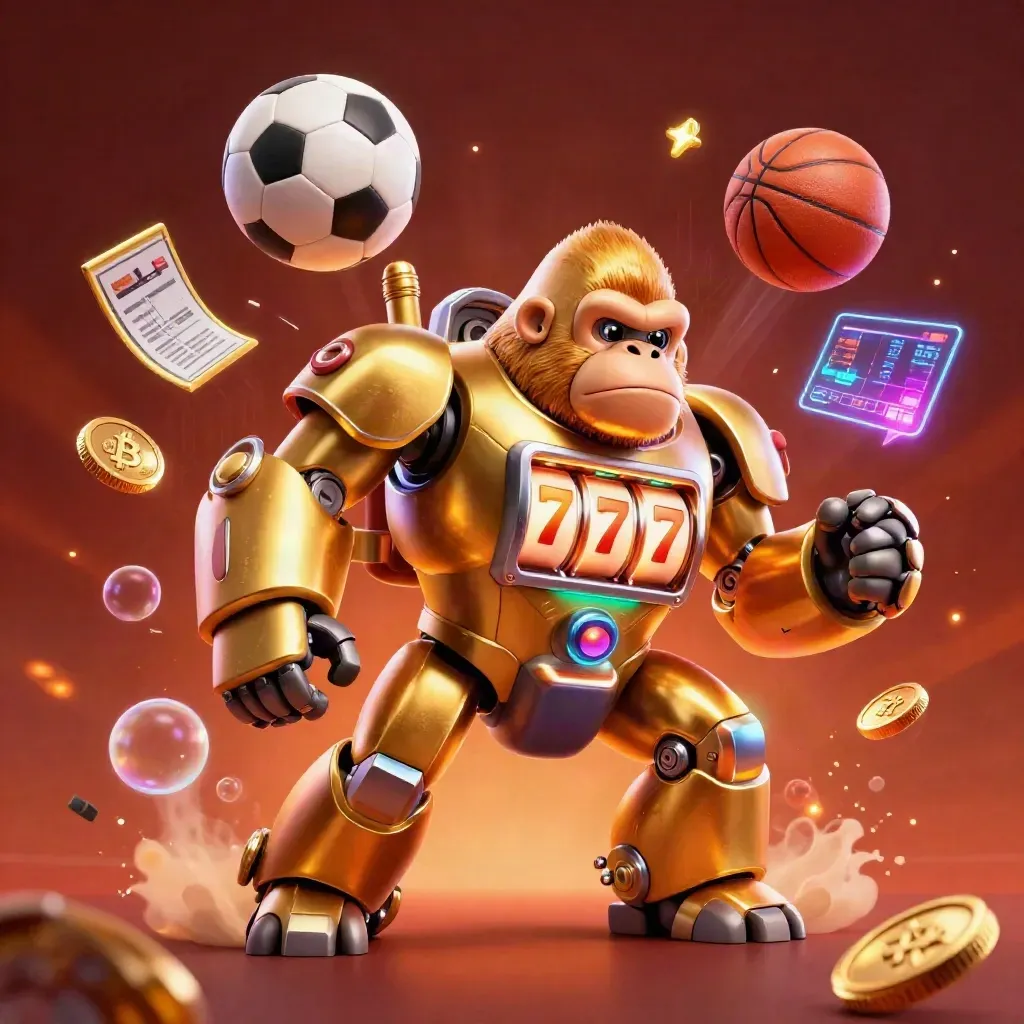 Golden gorilla mech with monkey pilot, soccer ball, basketball, crypto coins, and betting slip in explosive casino art