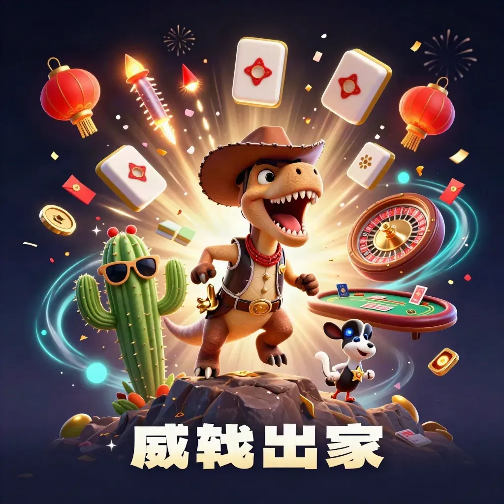 Cowboy T-Rex, cactus sidekick, and roadrunner amid casino treasure, fireworks, and glowing gold effects.