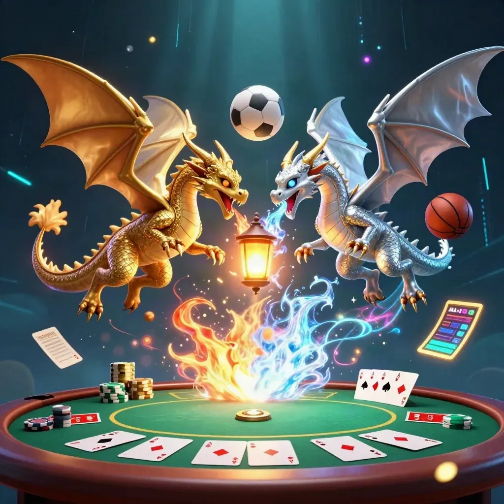 Gold and silver dragons spiral around casino chips, cards and sports balls in a neon premium glow.
