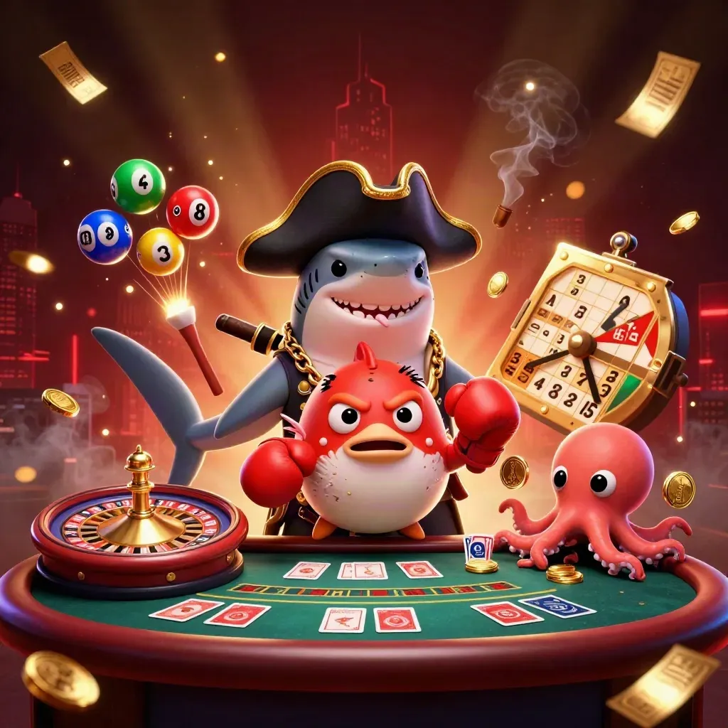 Shark pirate, pufferfish, and baby octopus in a luxe casino burst of gold and neon.
