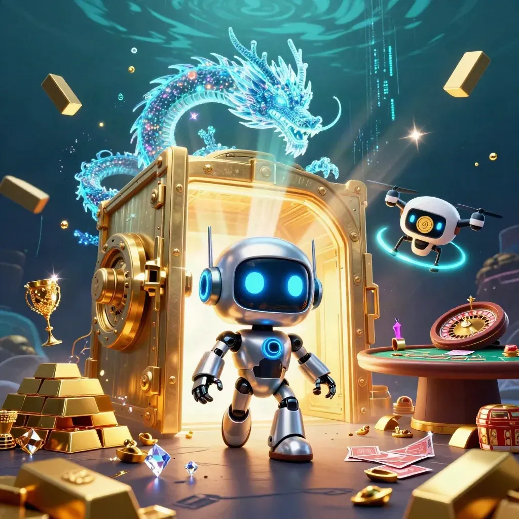 Cyberpunk robot, holographic dragon and coin drone amid vault gold, casino tables and teal light.