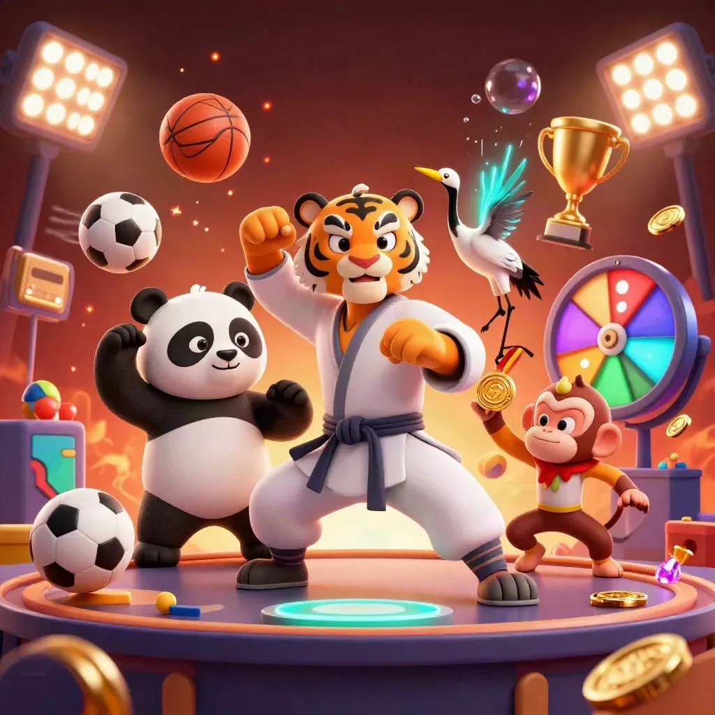 Kung-fu tiger, panda and monkey in a glowing casino scene with balls, trophy, wheel and coins.