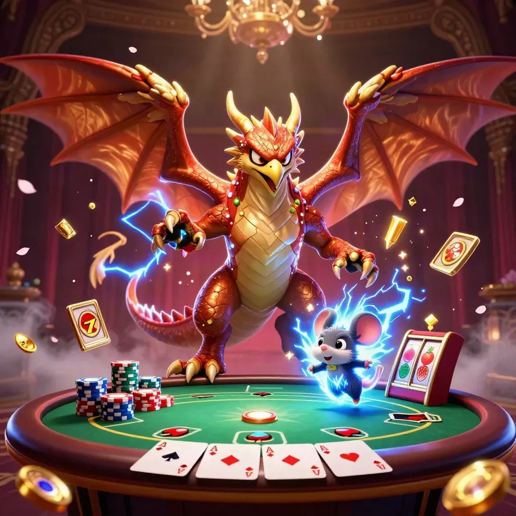 Thunder dragon, hawk, and mouse amid poker chips, lightning, and casino fragments