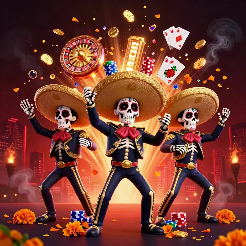 Day-of-the-Dead mariachi skeleton trio blasting gold coins and gems in luxe casino glow
