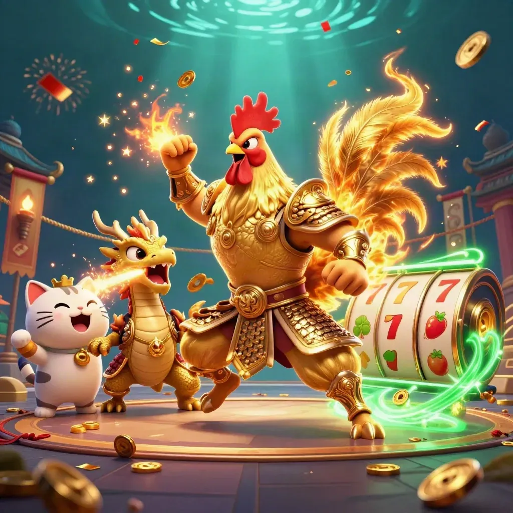 Rooster warrior, dragon hatchling and fortune-cat amid coins, sparks, temple gate and casino effects