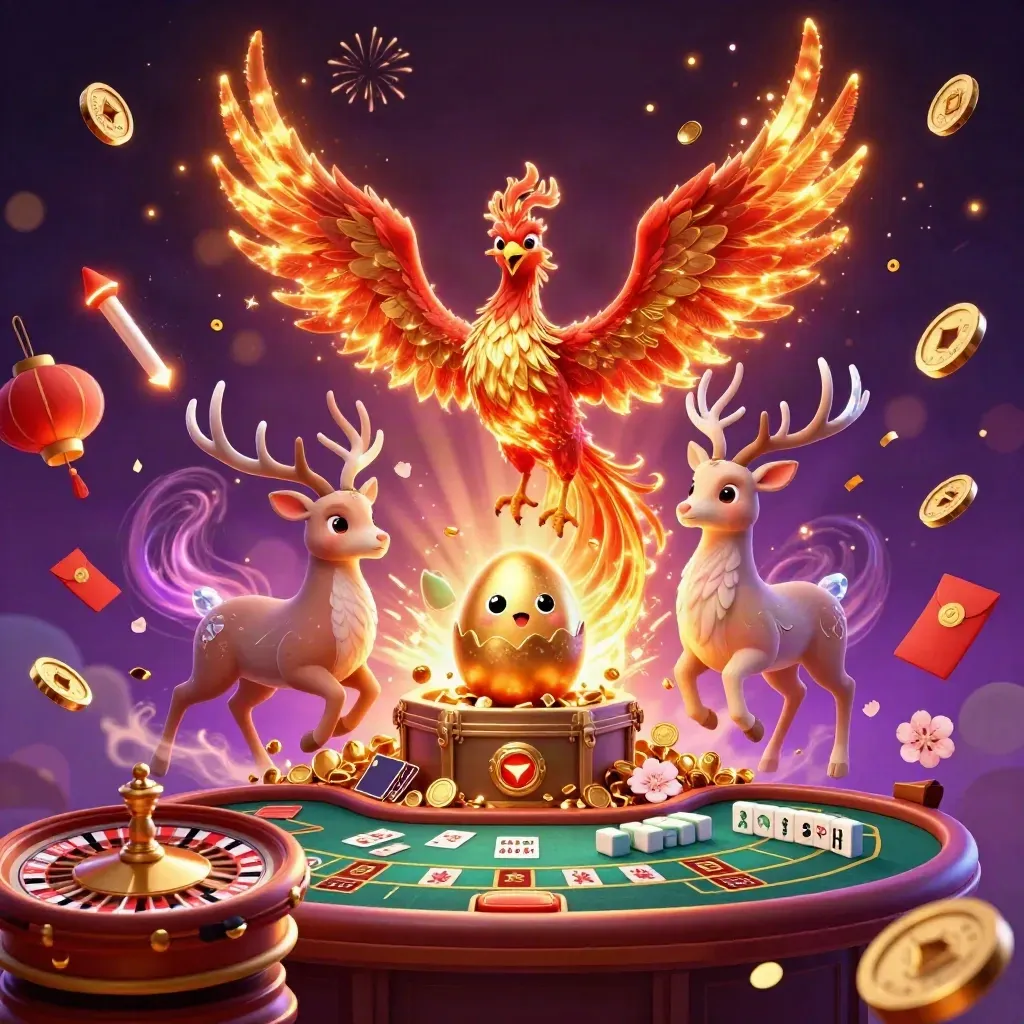 Phoenix, stag and hatching egg burst from a gold vault amid casino coins and fireworks