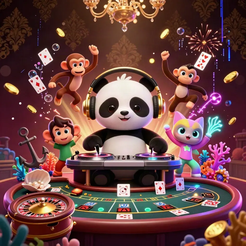 DJ panda, breakdancing monkey and glow-stick kitten amid coins, coral, cards, and casino sparkle.