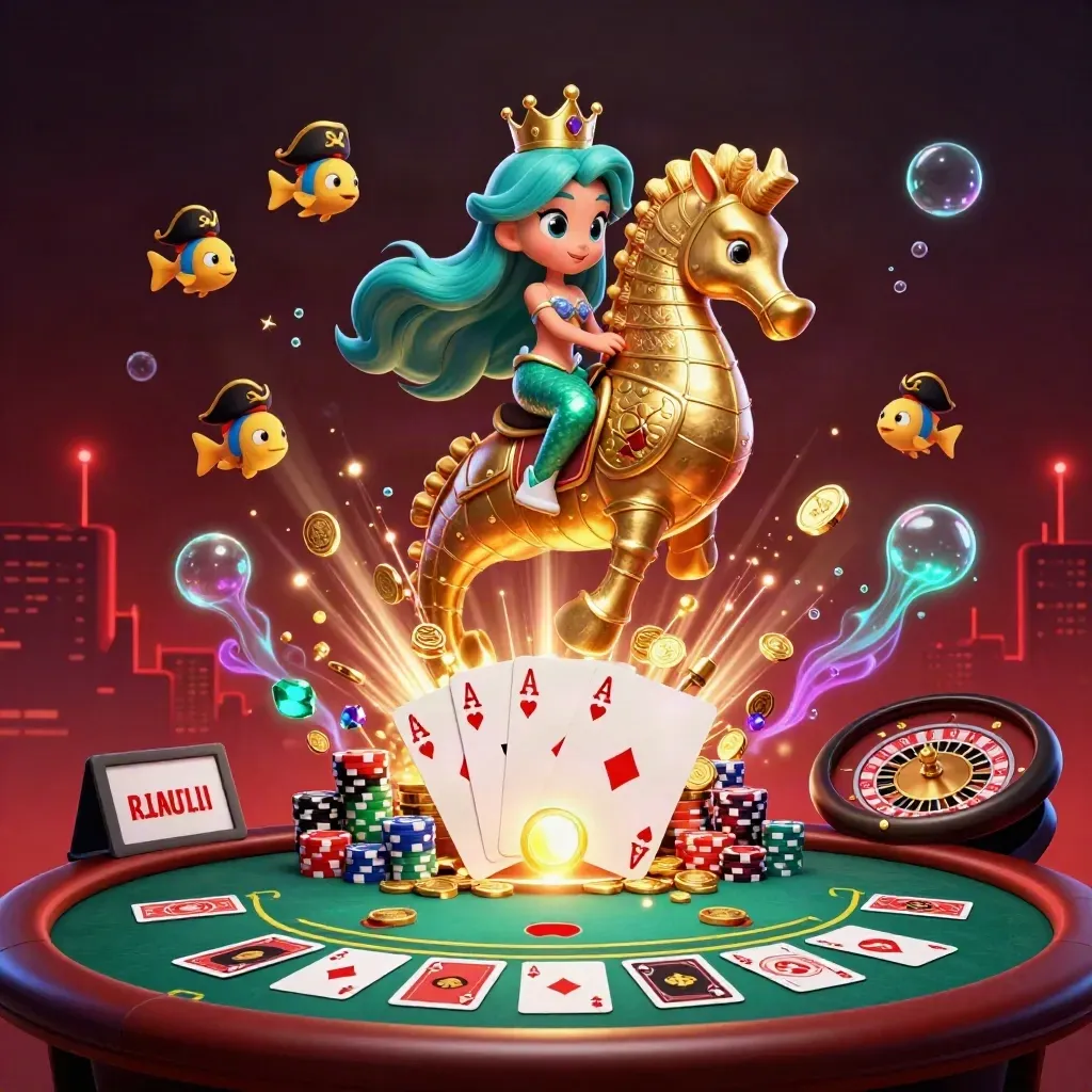 Mermaid princess on armored seahorse amid casino cards, chips, coins, fireworks, and glowing underwater light