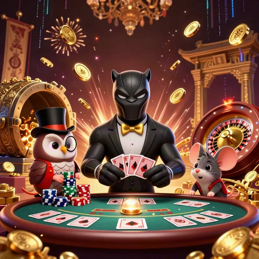 Panther dealer, owl chip master and lucky mouse amid coins, fireworks and casino glow.