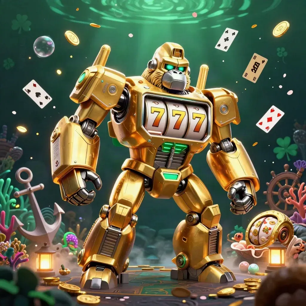 Golden gorilla mech with monkey pilot amid treasure cove effects and glowing slot reels