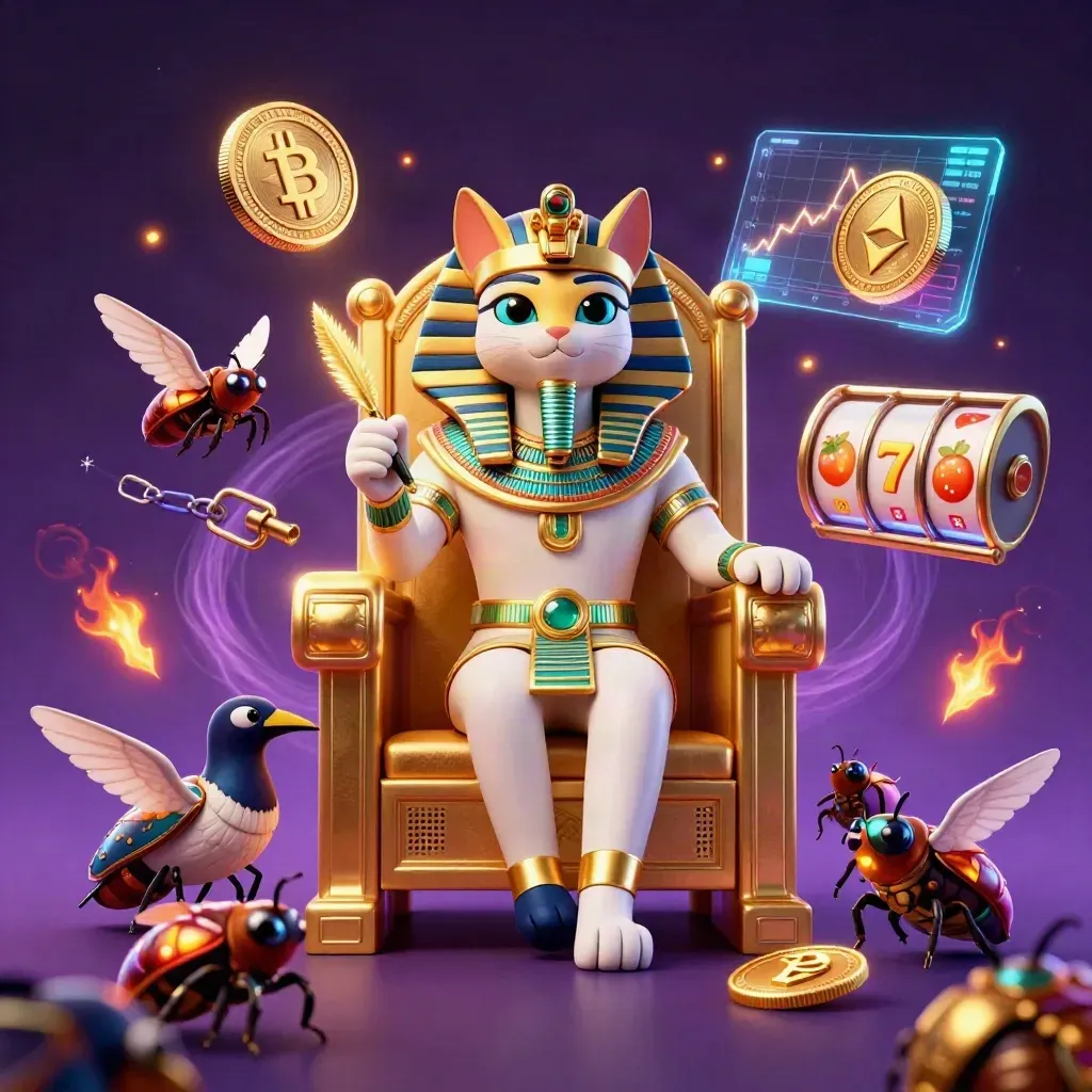 Pharaoh cat on a golden throne with ibis, scarabs, coins, and casino effects