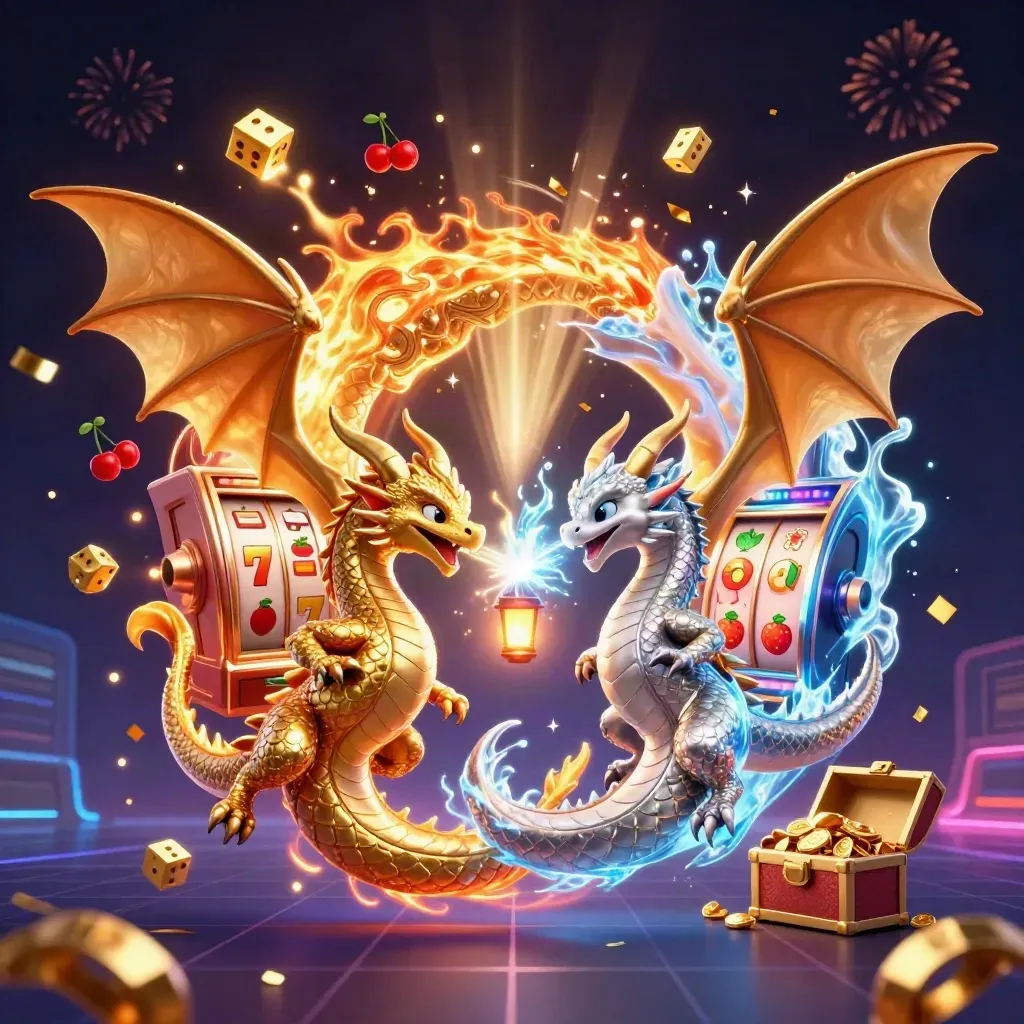 Twin gold and silver dragons spiral with slot symbols, treasure, fireworks, and neon casino glow.