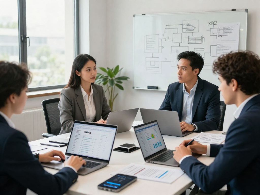 Team discussing IDXSTAR strategies in a modern office space.